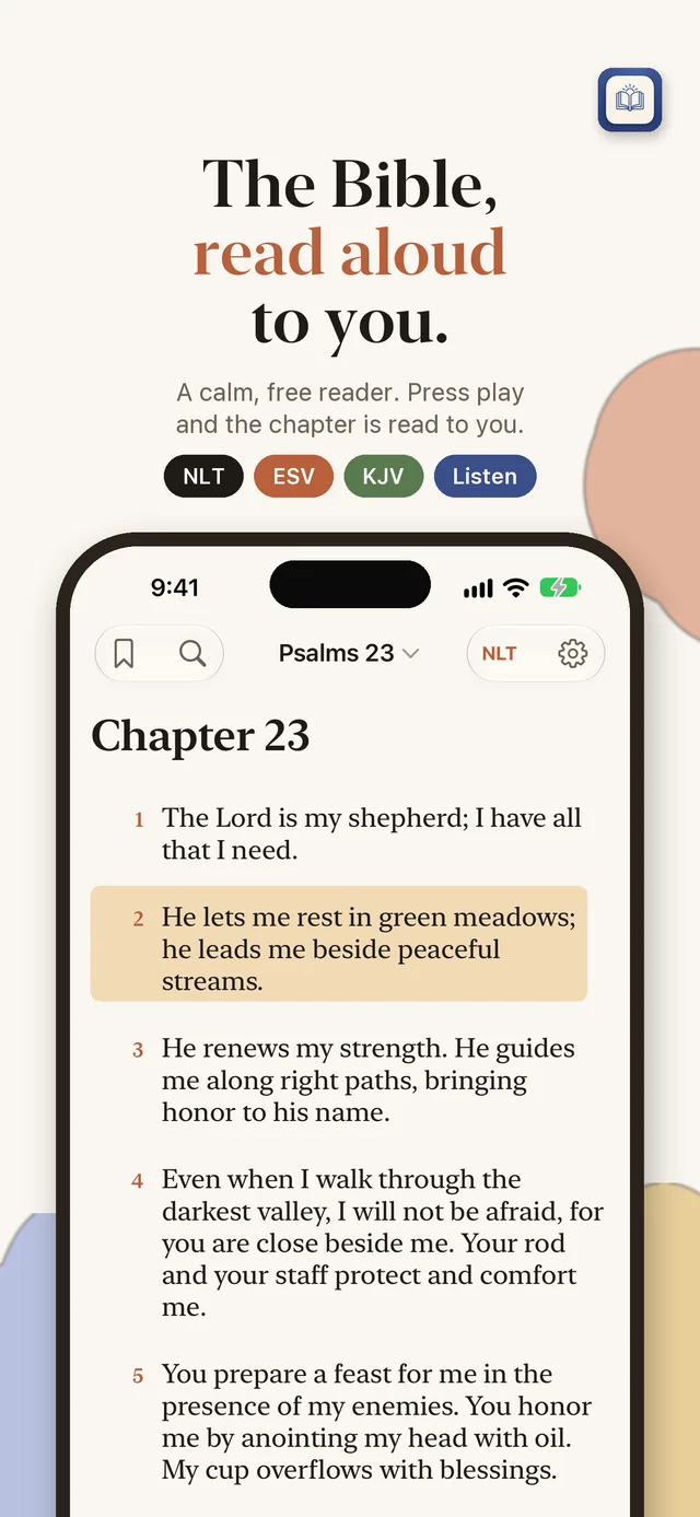 Faith Daily Bible reading Psalm 23 with audio playing